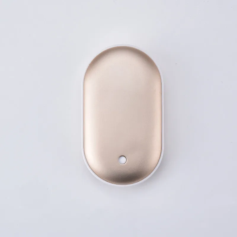Small rectangular rechargeable hand warmer and power bank in a choice of colours including blue, gold, pink, and silver
