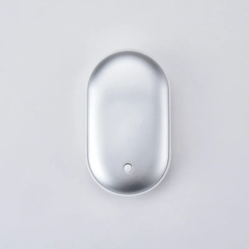 Small rectangular rechargeable hand warmer and power bank in a choice of colours including blue, gold, pink, and silver