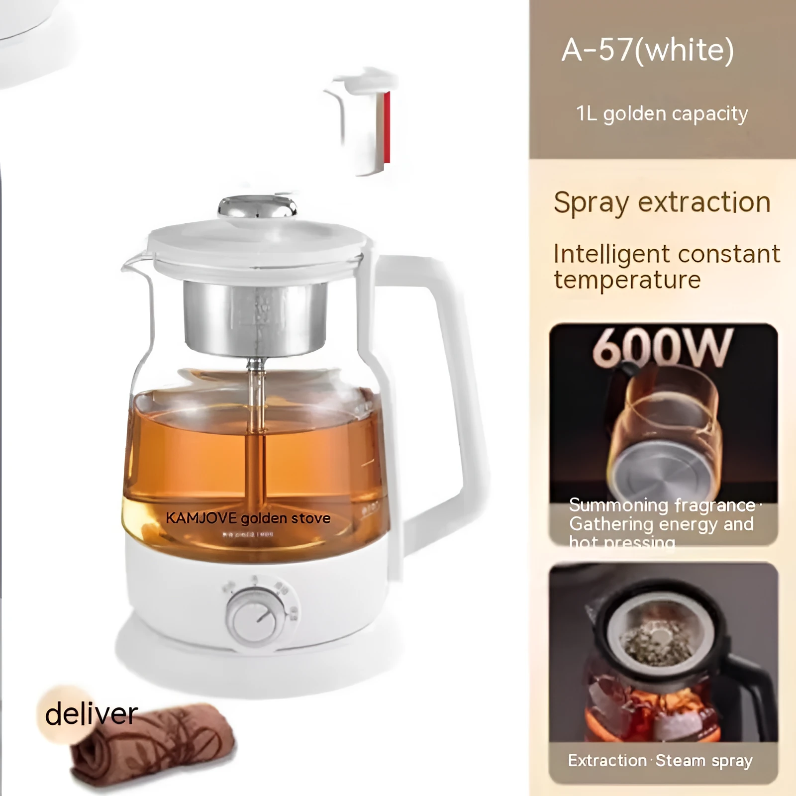 Electric glass tea maker with steam spray, automatic shut-off, in multiple colour options including A57 Black and A99