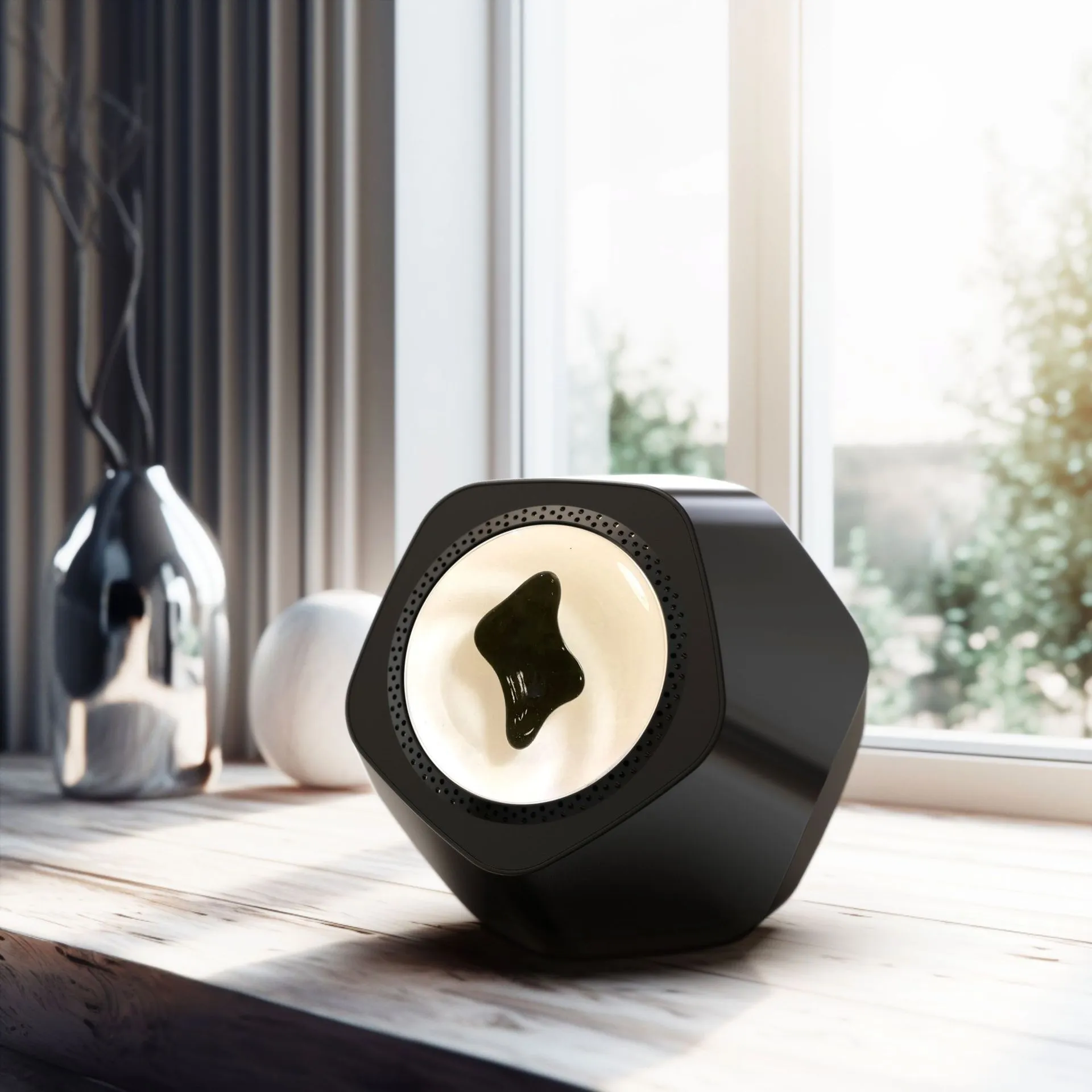 Floating magnetic fluid Bluetooth speaker in silver gray on a desktop, with magnetic fluid swirling inside the chamber