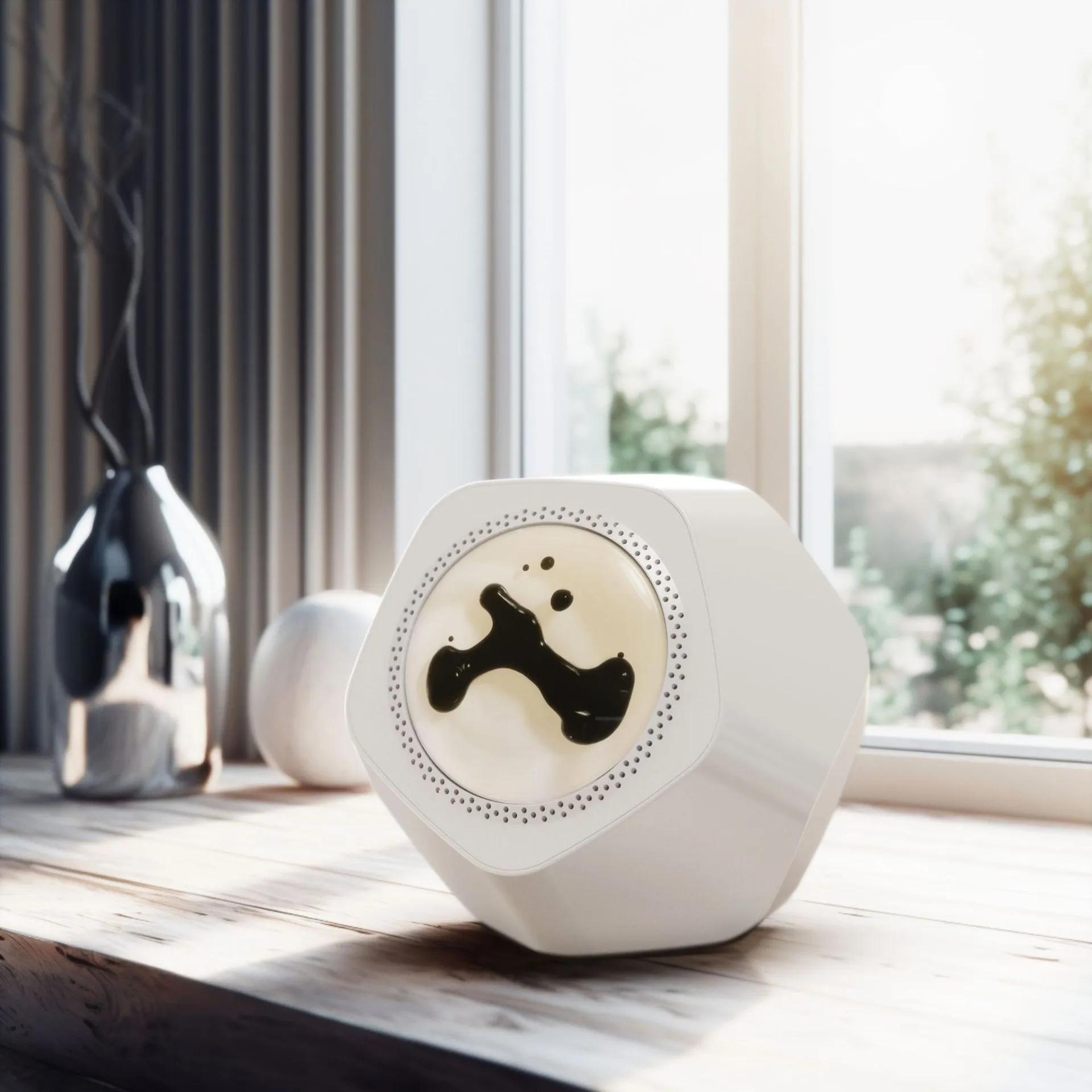 Floating magnetic fluid Bluetooth speaker in silver gray on a desktop, with magnetic fluid swirling inside the chamber