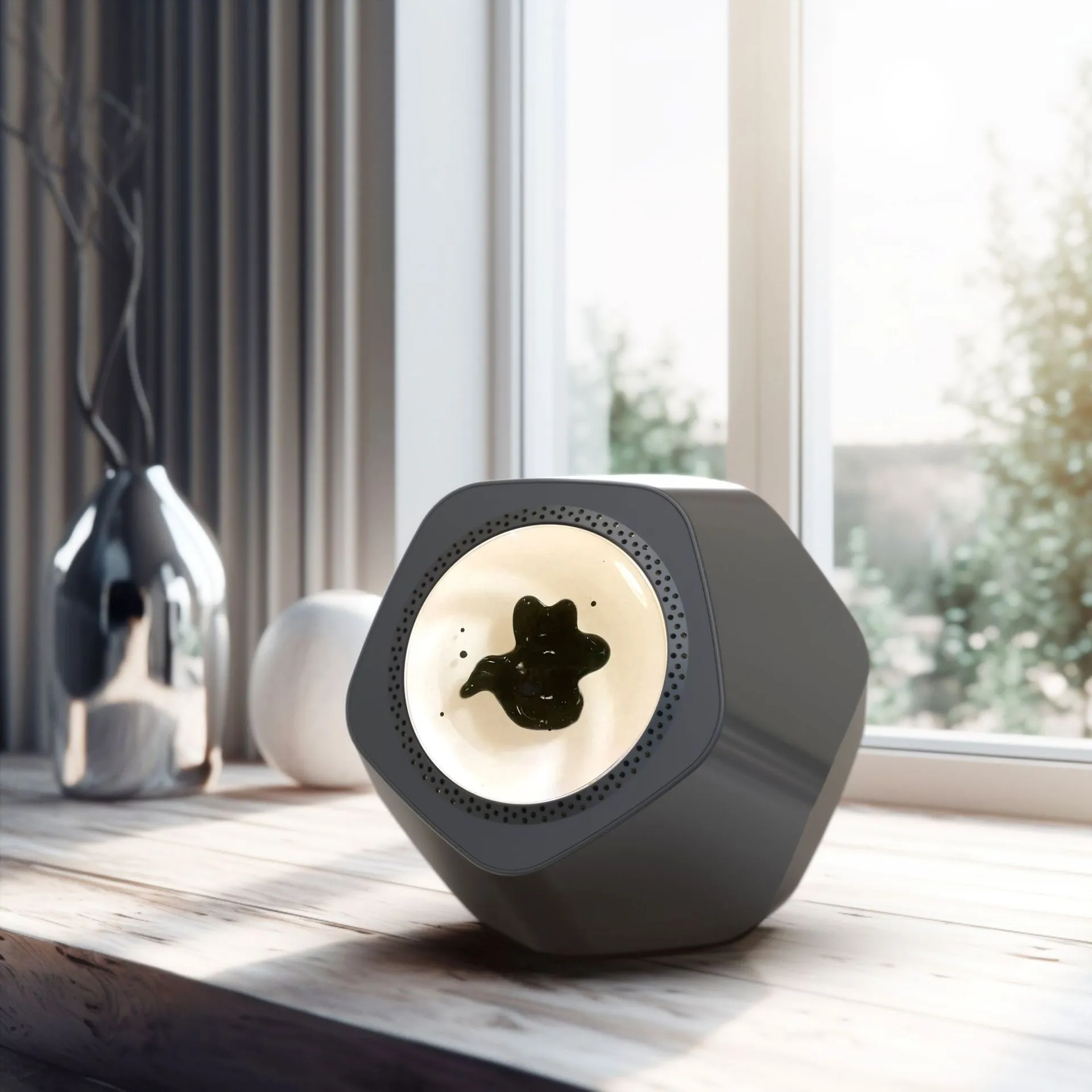 Floating magnetic fluid Bluetooth speaker in silver gray on a desktop, with magnetic fluid swirling inside the chamber