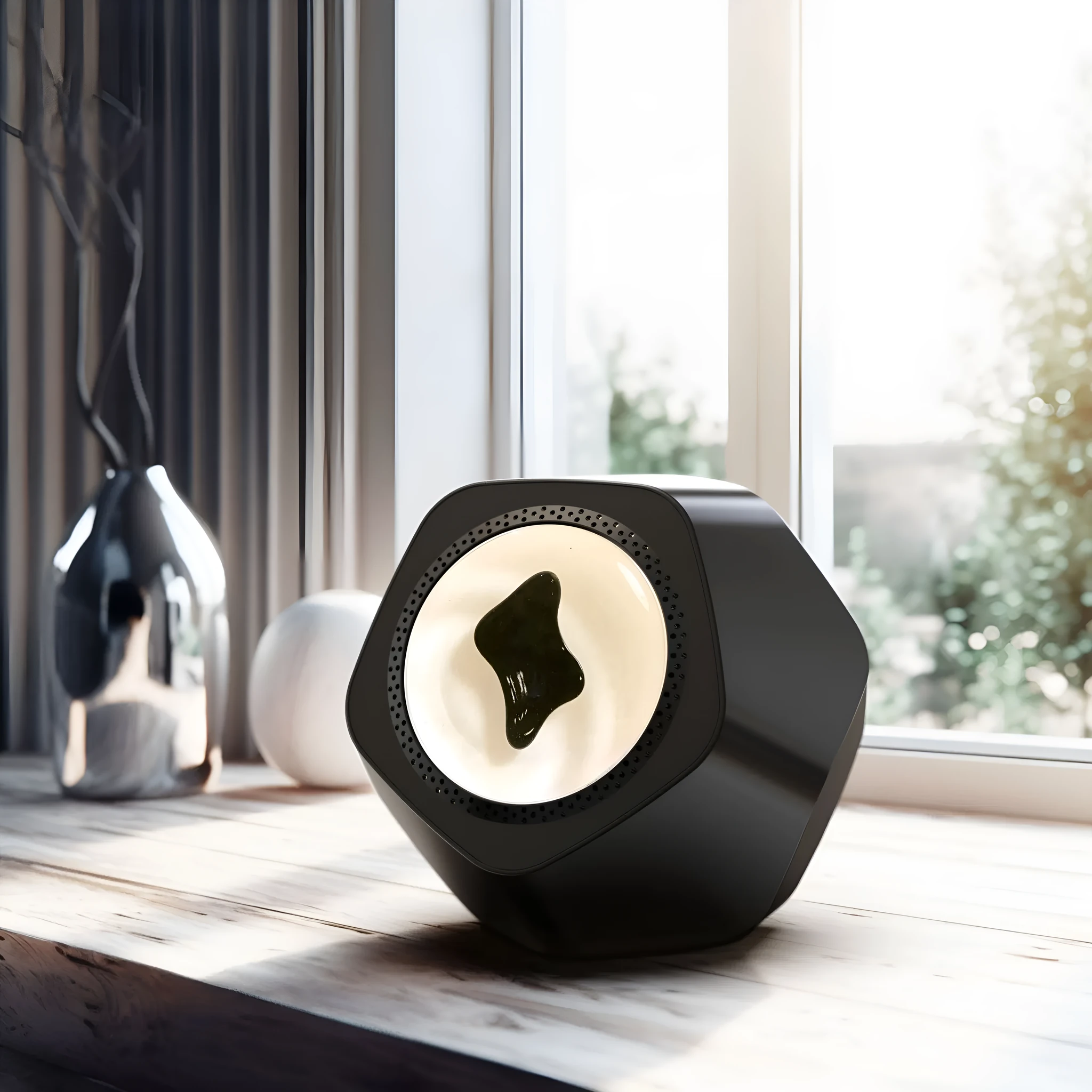Floating magnetic fluid Bluetooth speaker in silver gray on a desktop, with magnetic fluid swirling inside the chamber