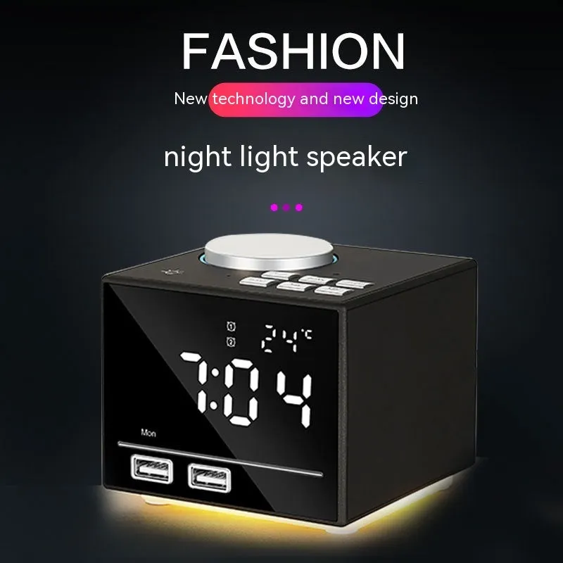 Bluetooth speaker alarm clock with colourful ambient light, LED mirror display, and dual USB ports on a nightstand