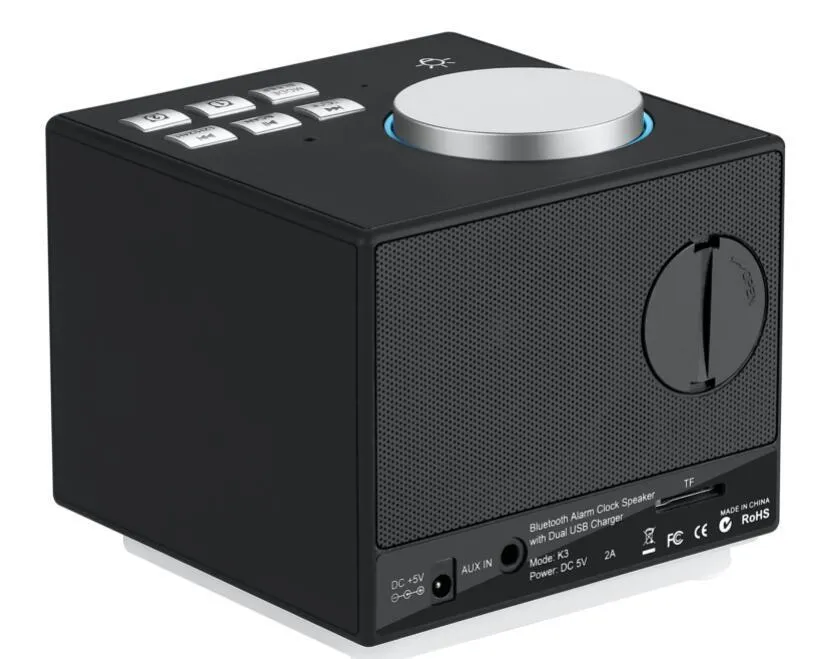 Bluetooth speaker alarm clock with colourful ambient light, LED mirror display, and dual USB ports on a nightstand