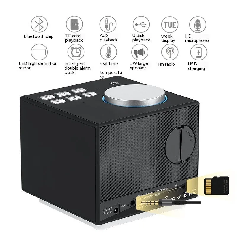 Bluetooth speaker alarm clock with colourful ambient light, LED mirror display, and dual USB ports on a nightstand