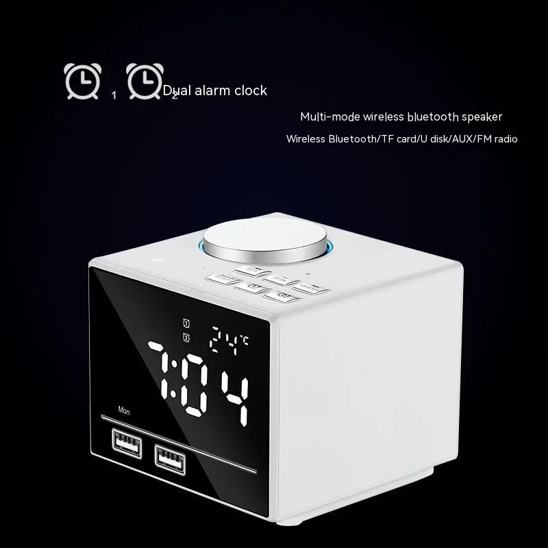 Bluetooth speaker alarm clock with colourful ambient light, LED mirror display, and dual USB ports on a nightstand
