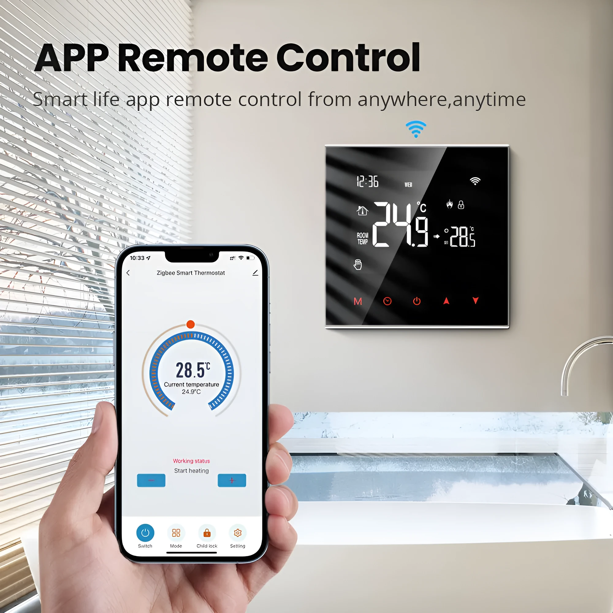 Black plastic smart temperature controller 86x65x30mm for floor heating and wall-hanging stove