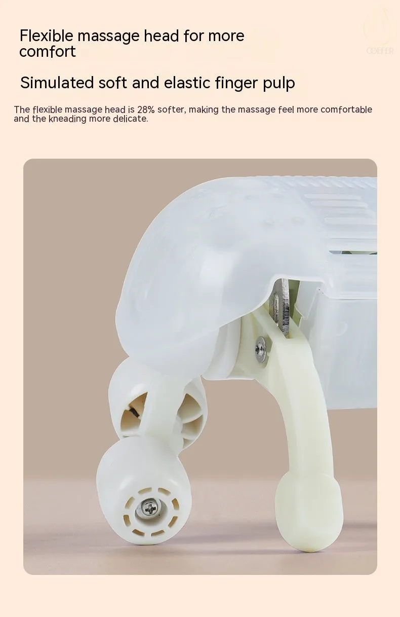 Milky white rechargeable shoulder and neck kneading massager with USB cable.