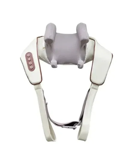 Milky white rechargeable shoulder and neck kneading massager with USB cable.