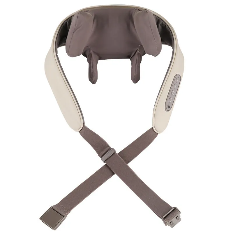 Milky white rechargeable shoulder and neck kneading massager with USB cable.