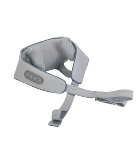 Milky white rechargeable shoulder and neck kneading massager with USB cable.