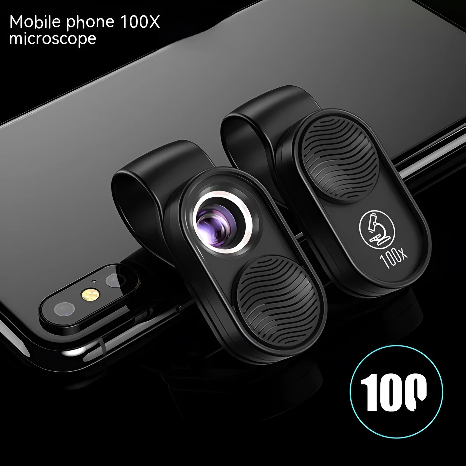 Black mobile magnification microscope with LED light clamped onto a smartphone, showing 100x magnification lens detail