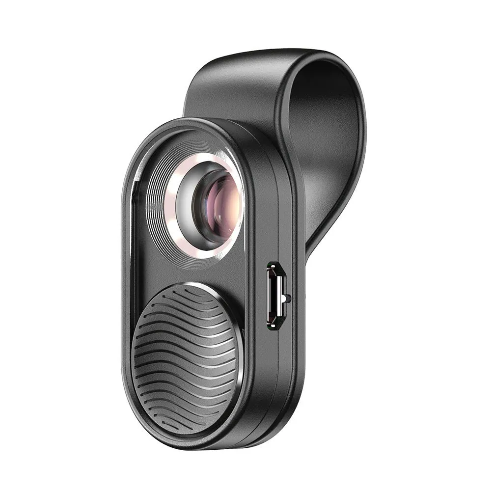 Black mobile magnification microscope with LED light clamped onto a smartphone, showing 100x magnification lens detail