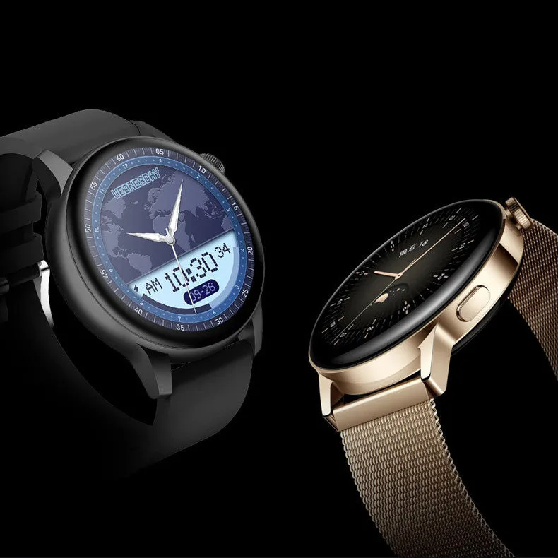 Stainless steel smart watch with a colour touchscreen displayed in black, pink, and silver colours.