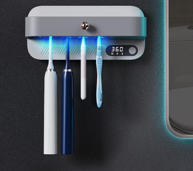 White wall-mounted smart toothbrush steriliser holder with USB charging port