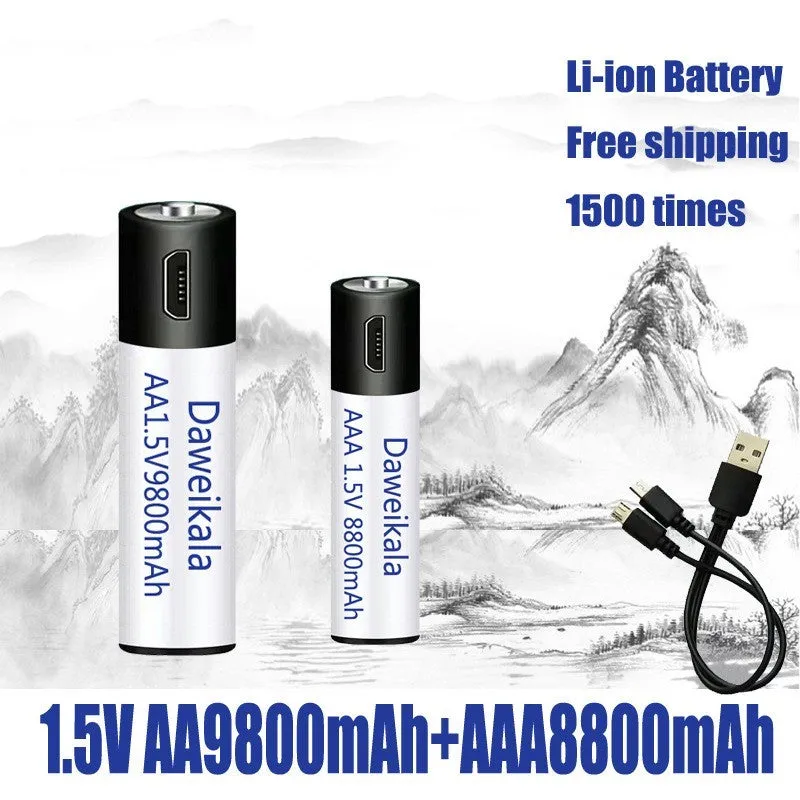 USB rechargeable AA AAA battery 1.5V 1500 cycles 10 year life high drain