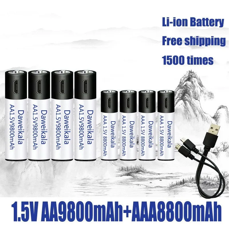 USB rechargeable AA AAA battery 1.5V 1500 cycles 10 year life high drain