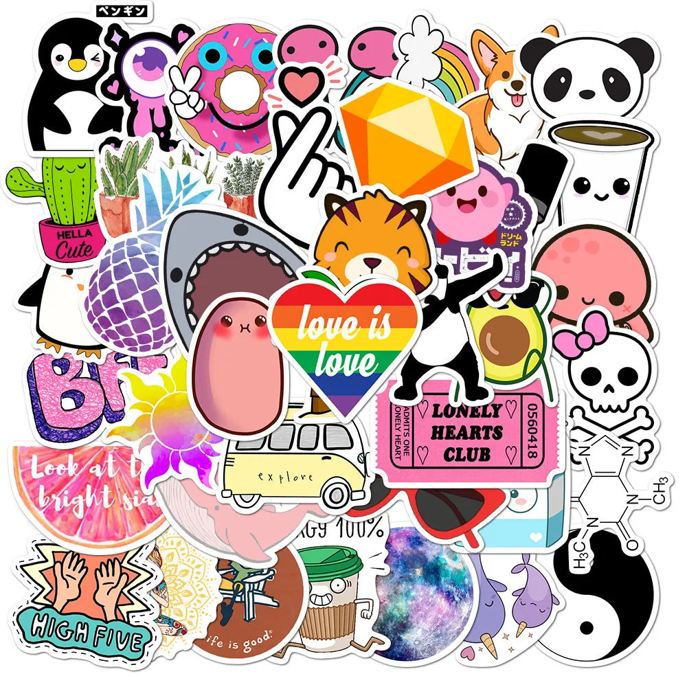 Cartoon graffiti stickers in assorted styles with waterproof matte finish, 3-6cm, 50 sheets per bag