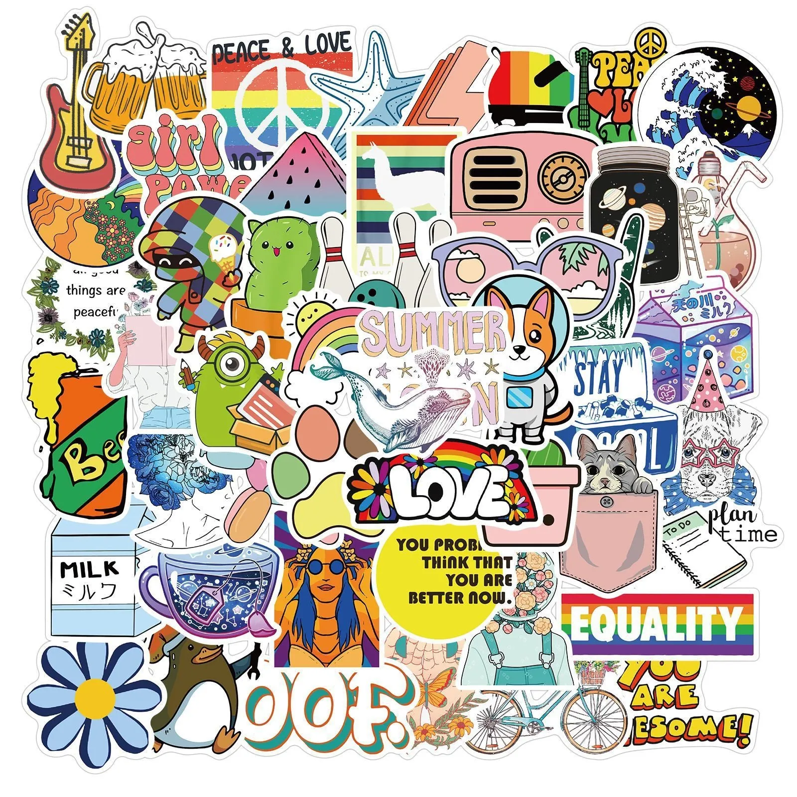 Cartoon graffiti stickers in assorted styles with waterproof matte finish, 3-6cm, 50 sheets per bag