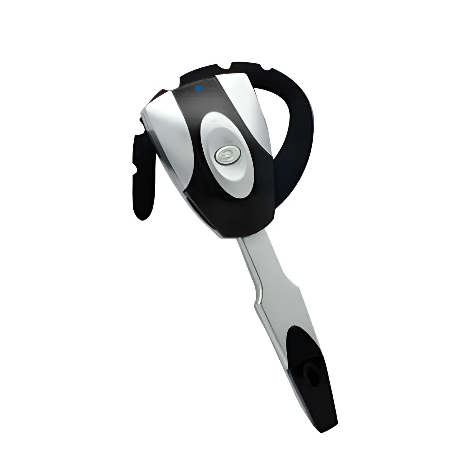 Single ear Bluetooth business headset in black hanging on a model's ear, showing its compact design.