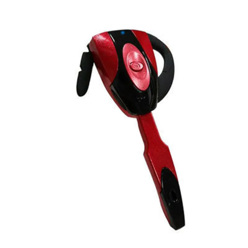 Single ear Bluetooth business headset in black hanging on a model's ear, showing its compact design.