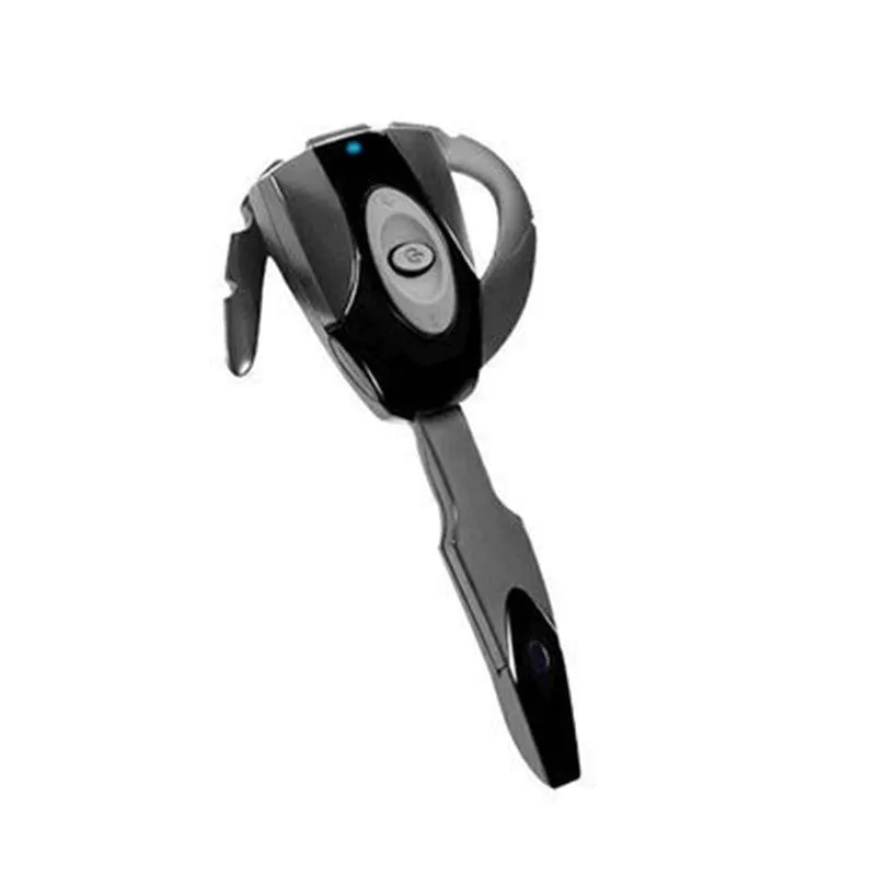 Single ear Bluetooth business headset in black hanging on a model's ear, showing its compact design.