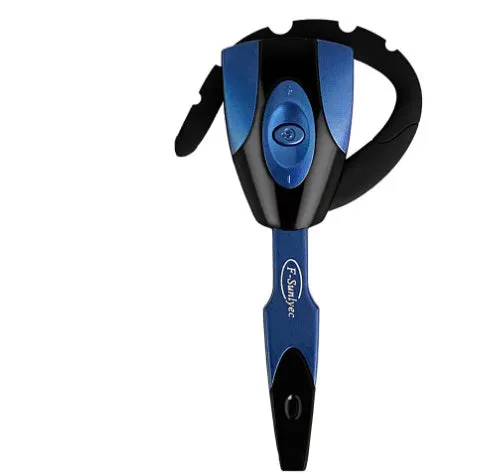 Single ear Bluetooth business headset in black hanging on a model's ear, showing its compact design.