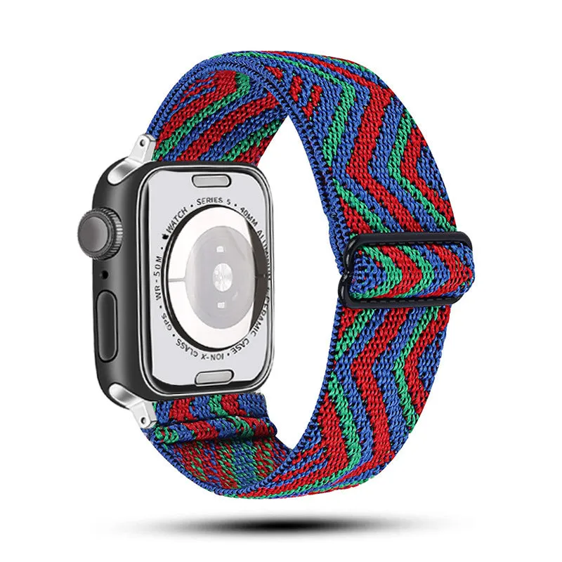 Ethnic style adjustable buckle elastic nylon woven strap for Apple Watch in black and white ethnic pattern