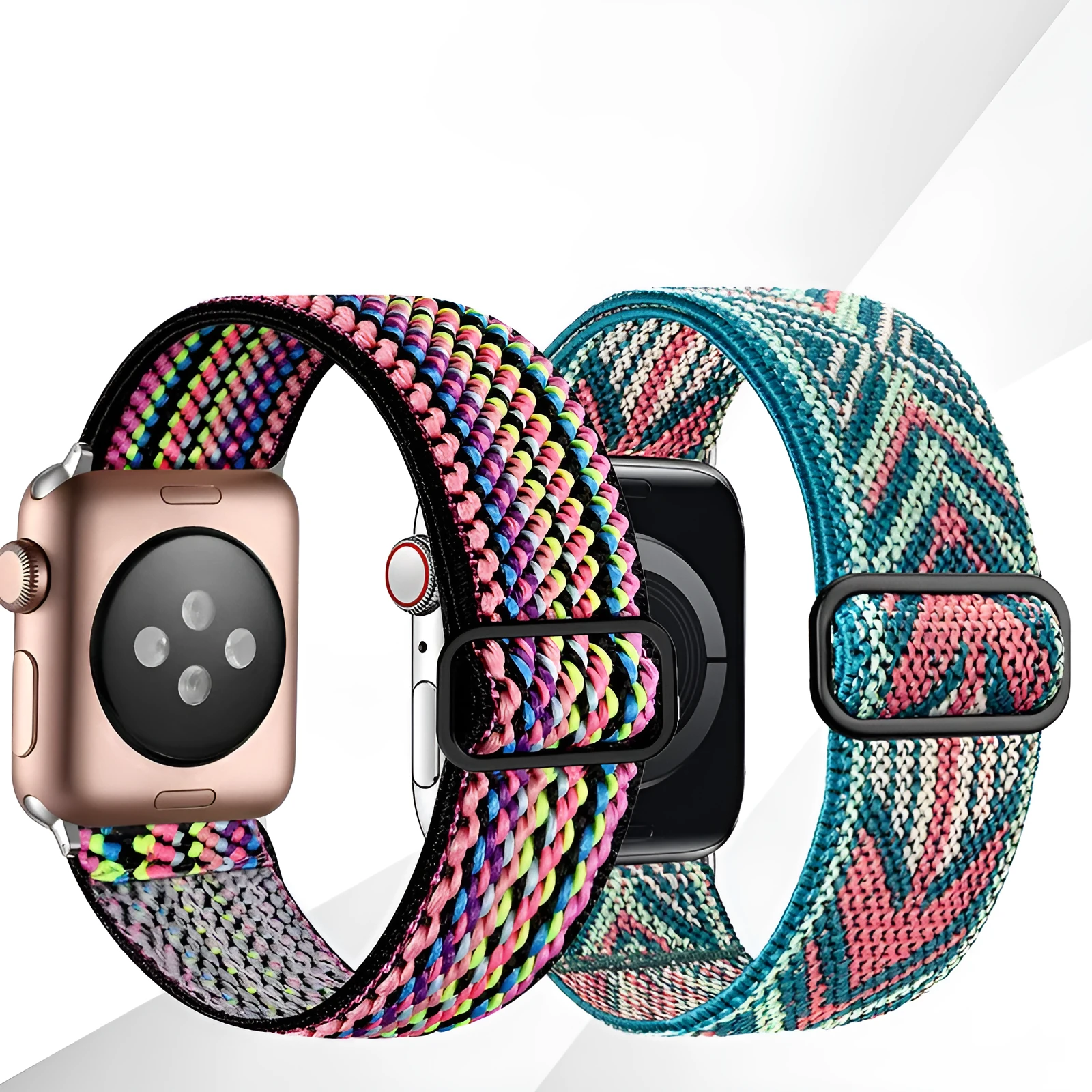Ethnic style adjustable buckle elastic nylon woven strap for Apple Watch in black and white ethnic pattern