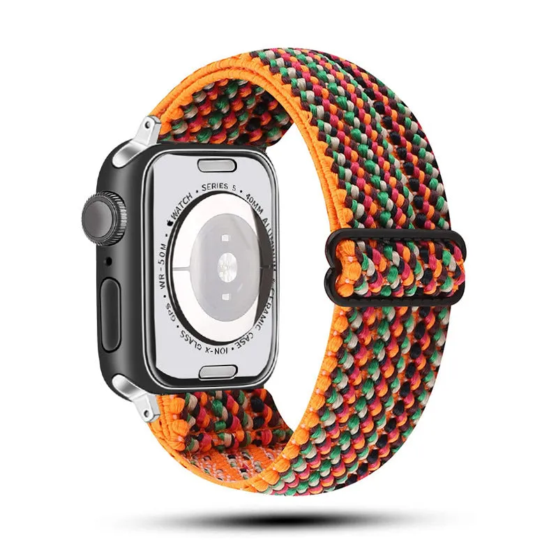 Ethnic style adjustable buckle elastic nylon woven strap for Apple Watch in black and white ethnic pattern