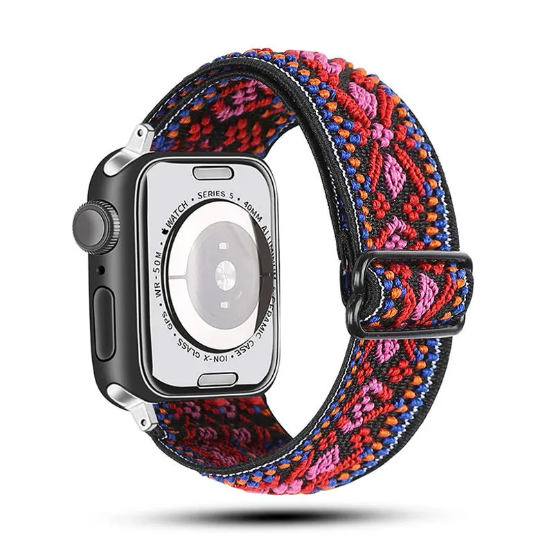 Ethnic style adjustable buckle elastic nylon woven strap for Apple Watch in black and white ethnic pattern