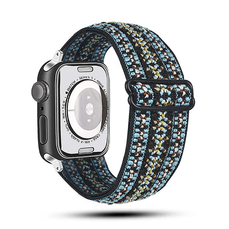 Ethnic style adjustable buckle elastic nylon woven strap for Apple Watch in black and white ethnic pattern