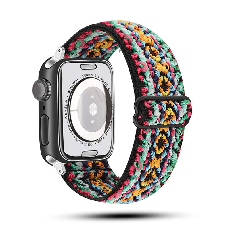 Ethnic style adjustable buckle elastic nylon woven strap for Apple Watch in black and white ethnic pattern