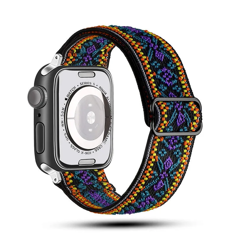 Ethnic style adjustable buckle elastic nylon woven strap for Apple Watch in black and white ethnic pattern