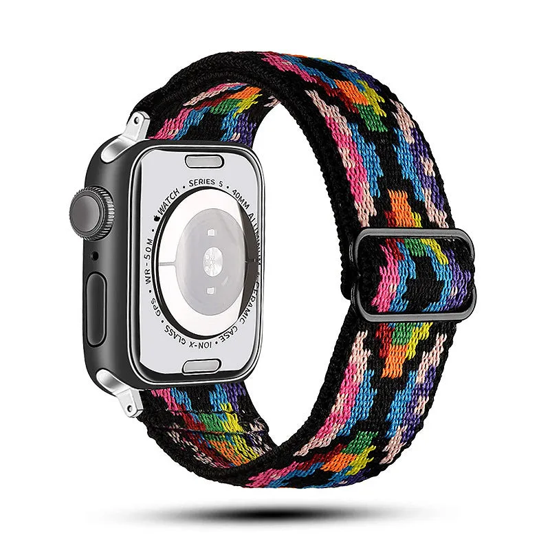 Ethnic style adjustable buckle elastic nylon woven strap for Apple Watch in black and white ethnic pattern