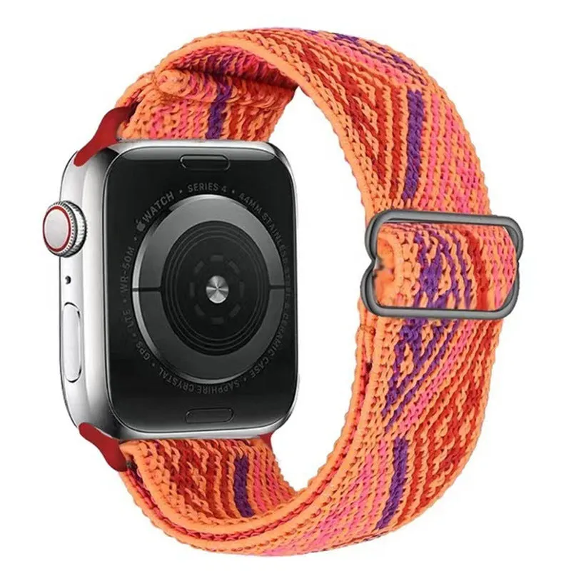 Ethnic style adjustable buckle elastic nylon woven strap for Apple Watch in black and white ethnic pattern