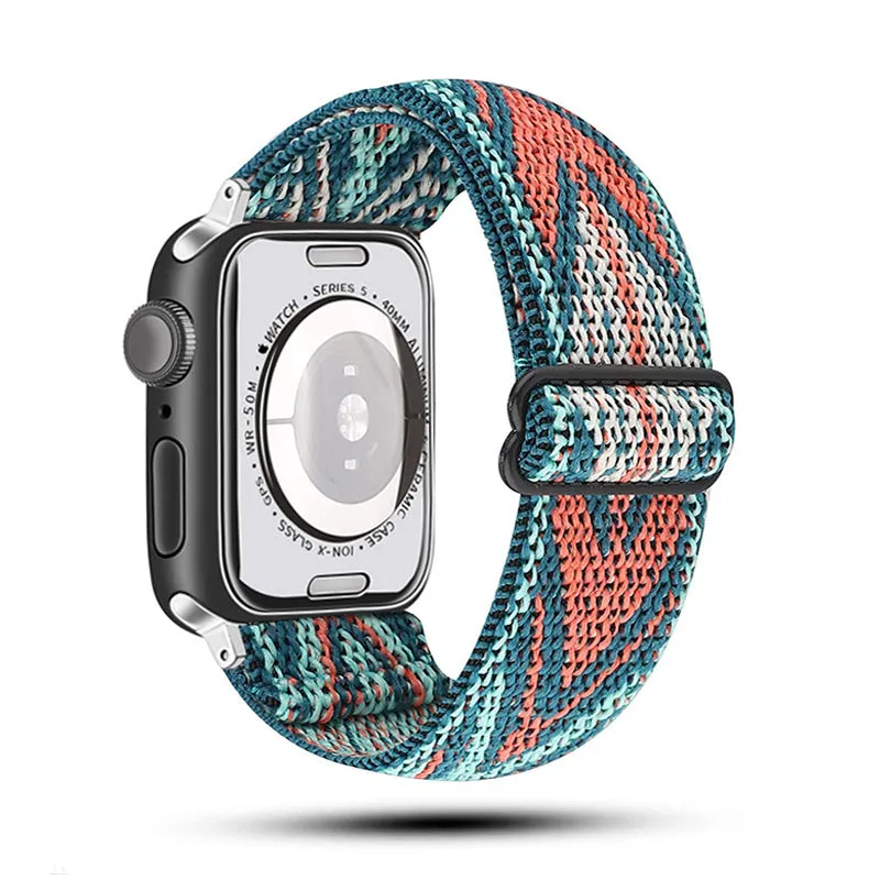 Ethnic style adjustable buckle elastic nylon woven strap for Apple Watch in black and white ethnic pattern