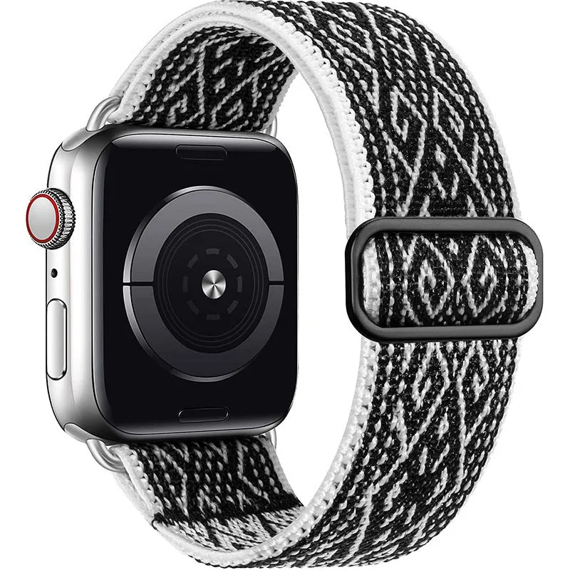 Ethnic style adjustable buckle elastic nylon woven strap for Apple Watch in black and white ethnic pattern