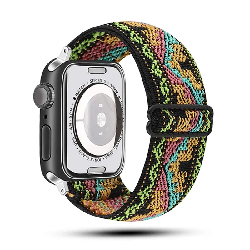 Ethnic style adjustable buckle elastic nylon woven strap for Apple Watch in black and white ethnic pattern