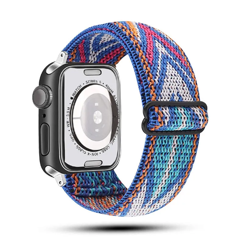 Ethnic style adjustable buckle elastic nylon woven strap for Apple Watch in black and white ethnic pattern