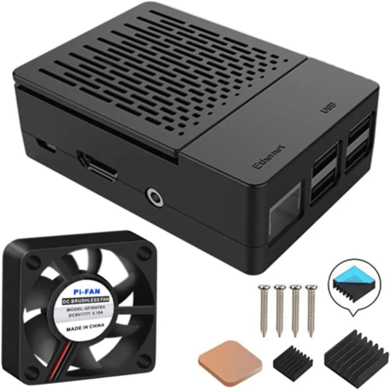 Black ABS plastic protective case for Raspberry Pi 4 with fan support and ventilation slots