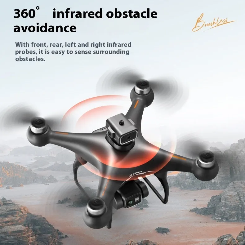 Black HD and White HD coloured brushless UAV drone with four-side obstacle avoidance and dual cameras, showing remote control.