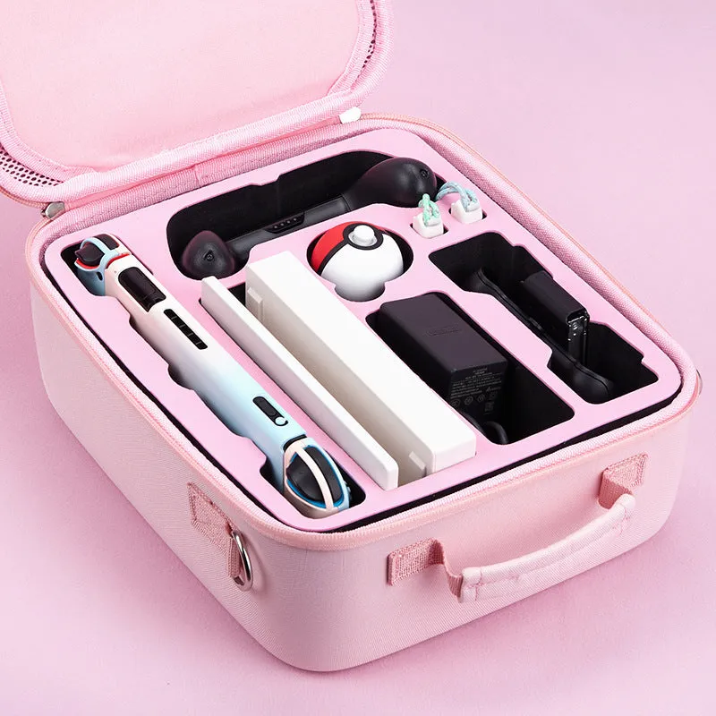 Pink Nintendo Switch storage bag with cat claw design, showing game cartridge slots and diagonal carry strap.