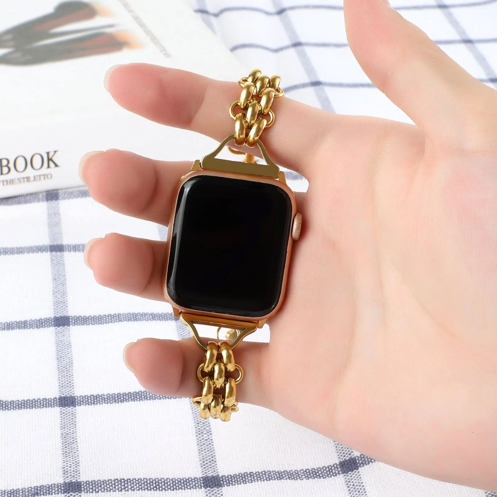Stainless steel double row chain watch band for Apple Watch in silver colour