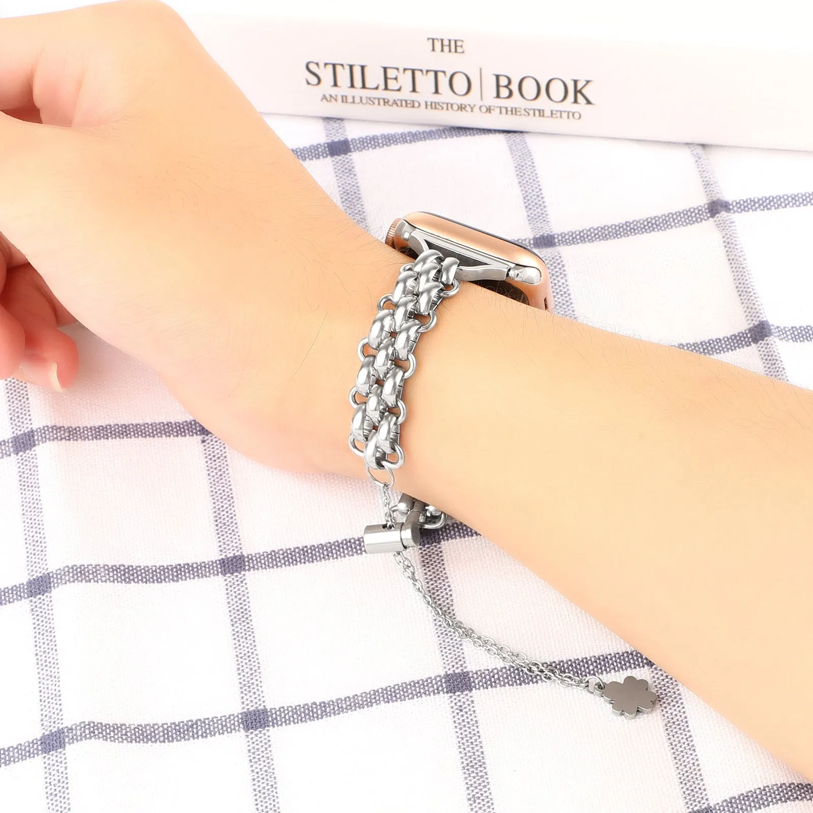 Stainless steel double row chain watch band for Apple Watch in silver colour