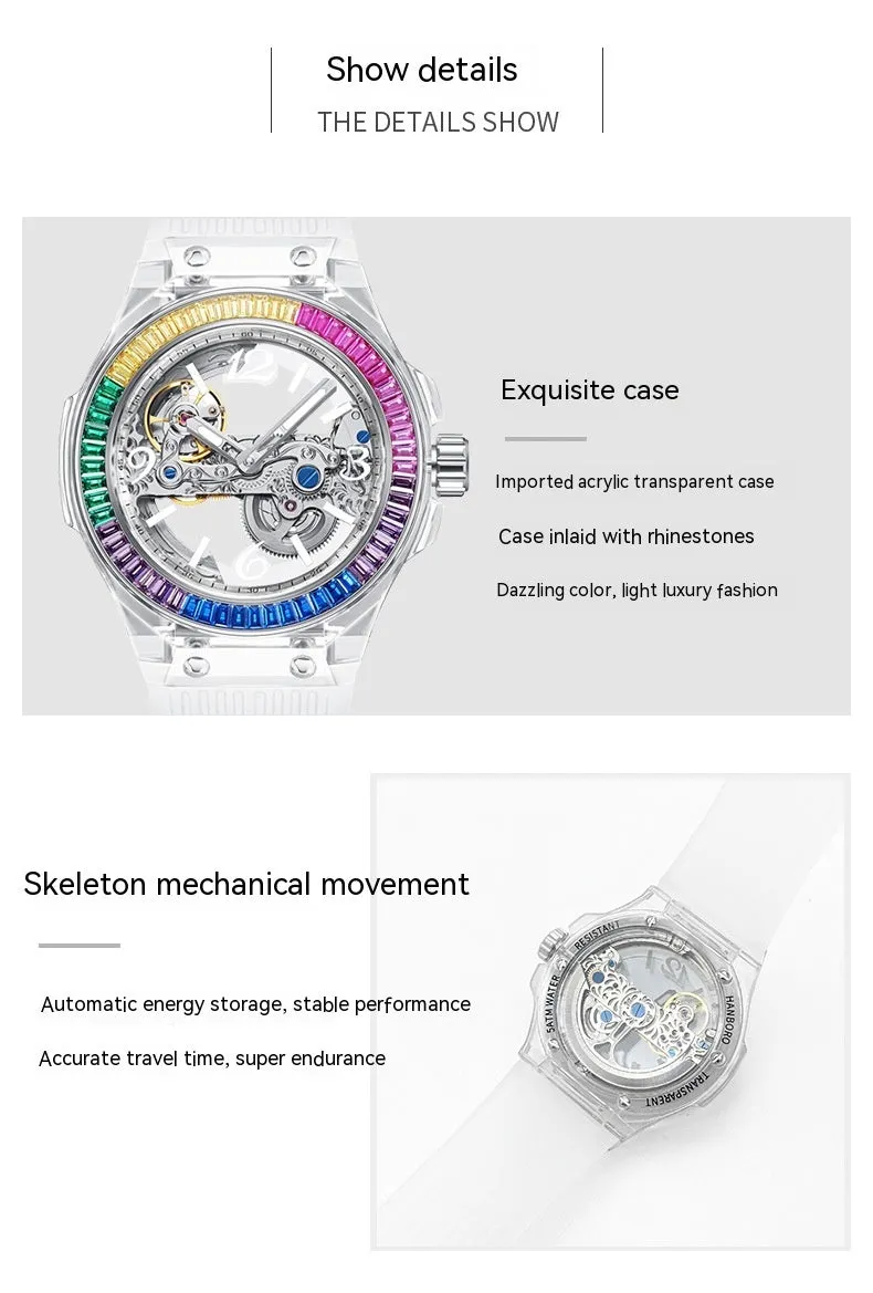 Full-automatic hollow large dial mechanical watch with transparent surface and white strap