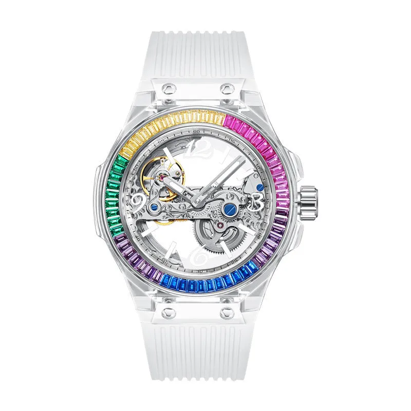 Full-automatic hollow large dial mechanical watch with transparent surface and white strap