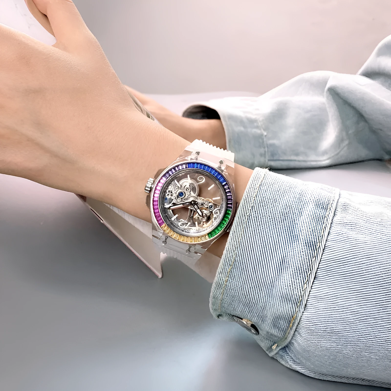 Full-automatic hollow large dial mechanical watch with transparent surface and white strap