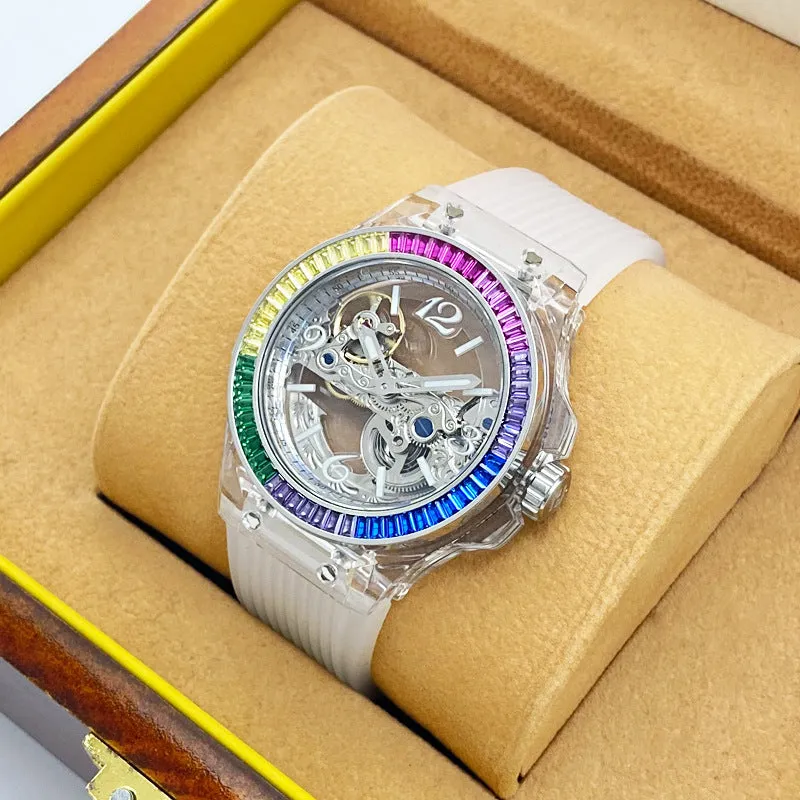 Full-automatic hollow large dial mechanical watch with transparent surface and white strap